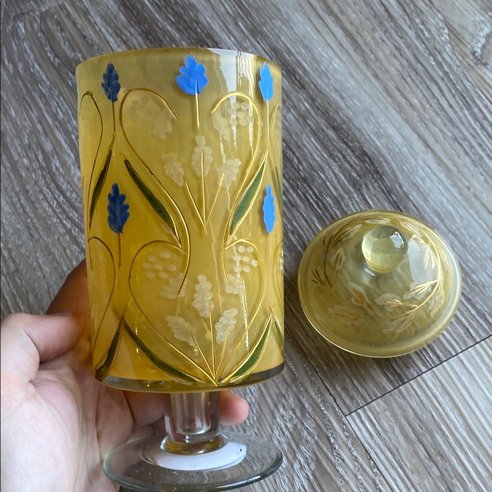Yellow and Blue Floral Glass Jar with Lid